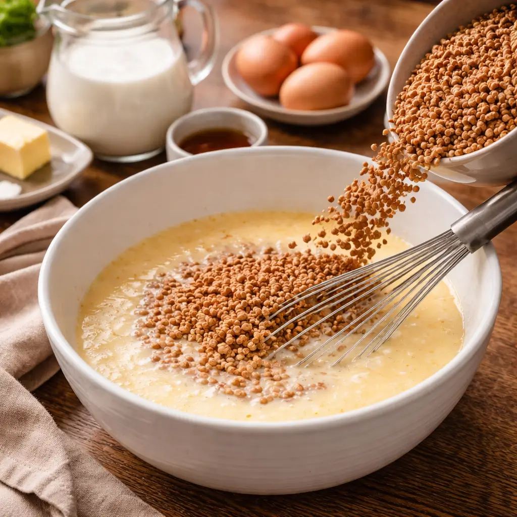 mixing grape nut pudding custard preparation