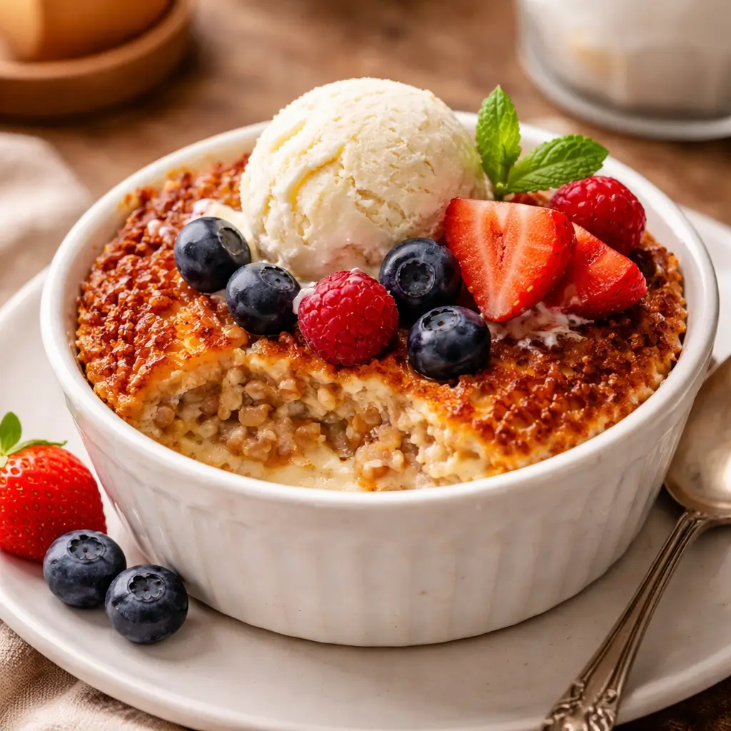 grape nut pudding served with ice cream and berries