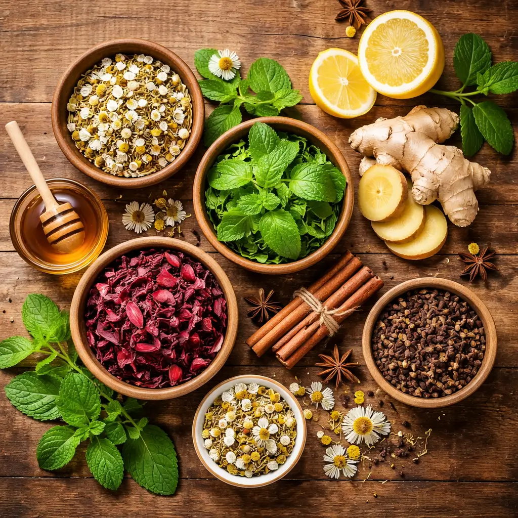 ingredients used in herbal tea recipes like chamomile mint ginger and hibiscus
