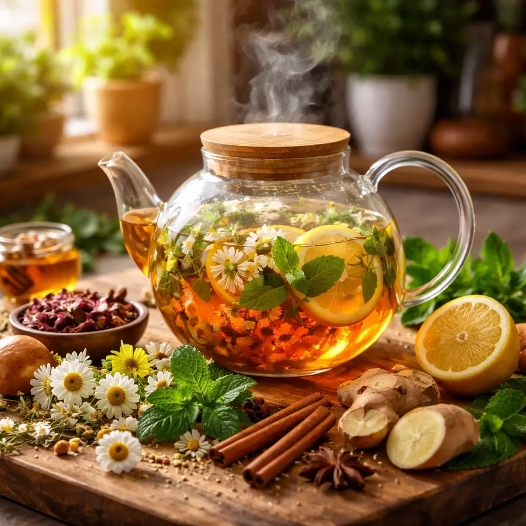 herbal tea recipes with fresh natural ingredients in a cozy kitchen setting