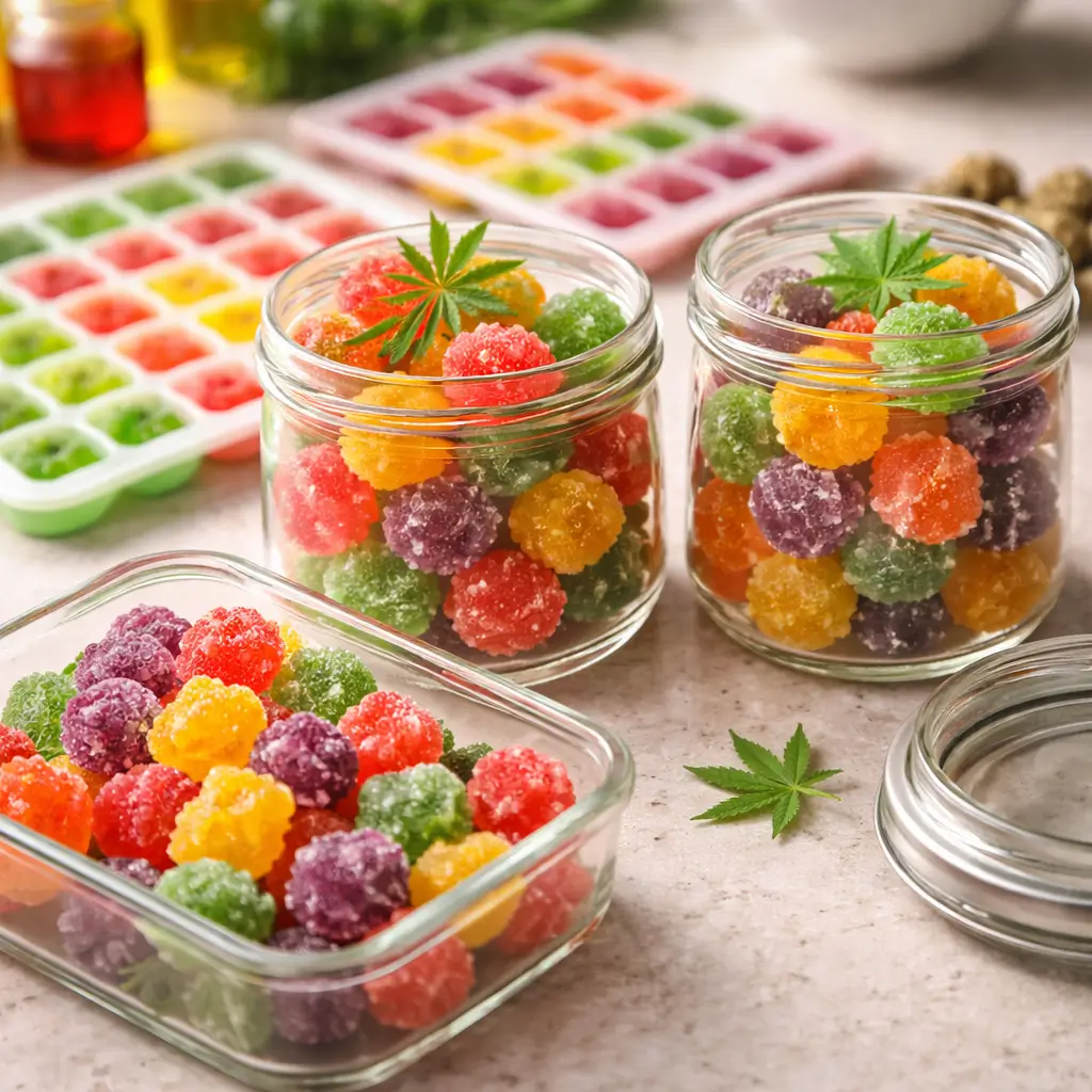homemade cannabis gummies stored in containers