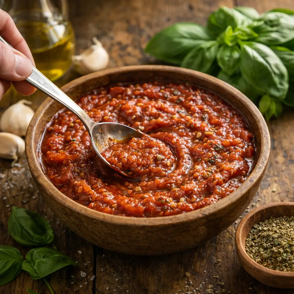 Mixing homemade pizza sauce inspired by Don Pepino pizza sauce