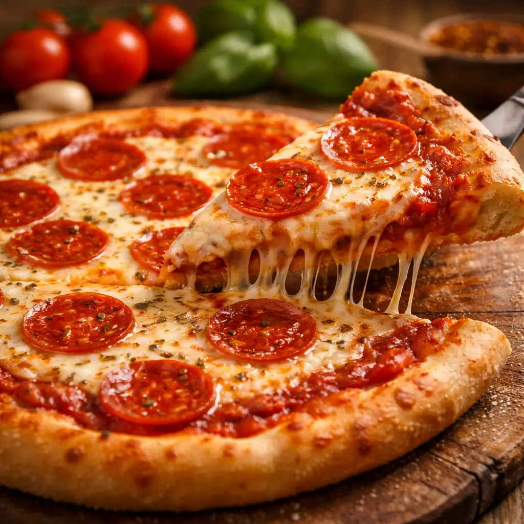 Homemade pizza made with Don Pepino pizza sauce and melted mozzarella