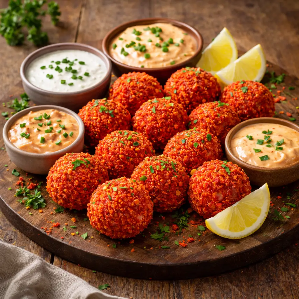 Hot Cheeto Boudin Balls served with ranch spicy mayo and Cajun remoulade