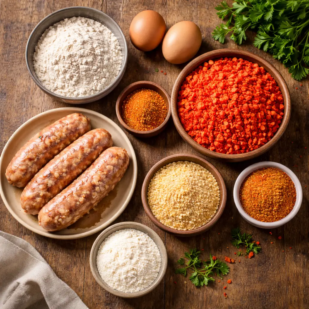 Ingredients for Hot Cheeto Boudin Balls Recipe​ including boudin sausage and crushed Hot Cheetos