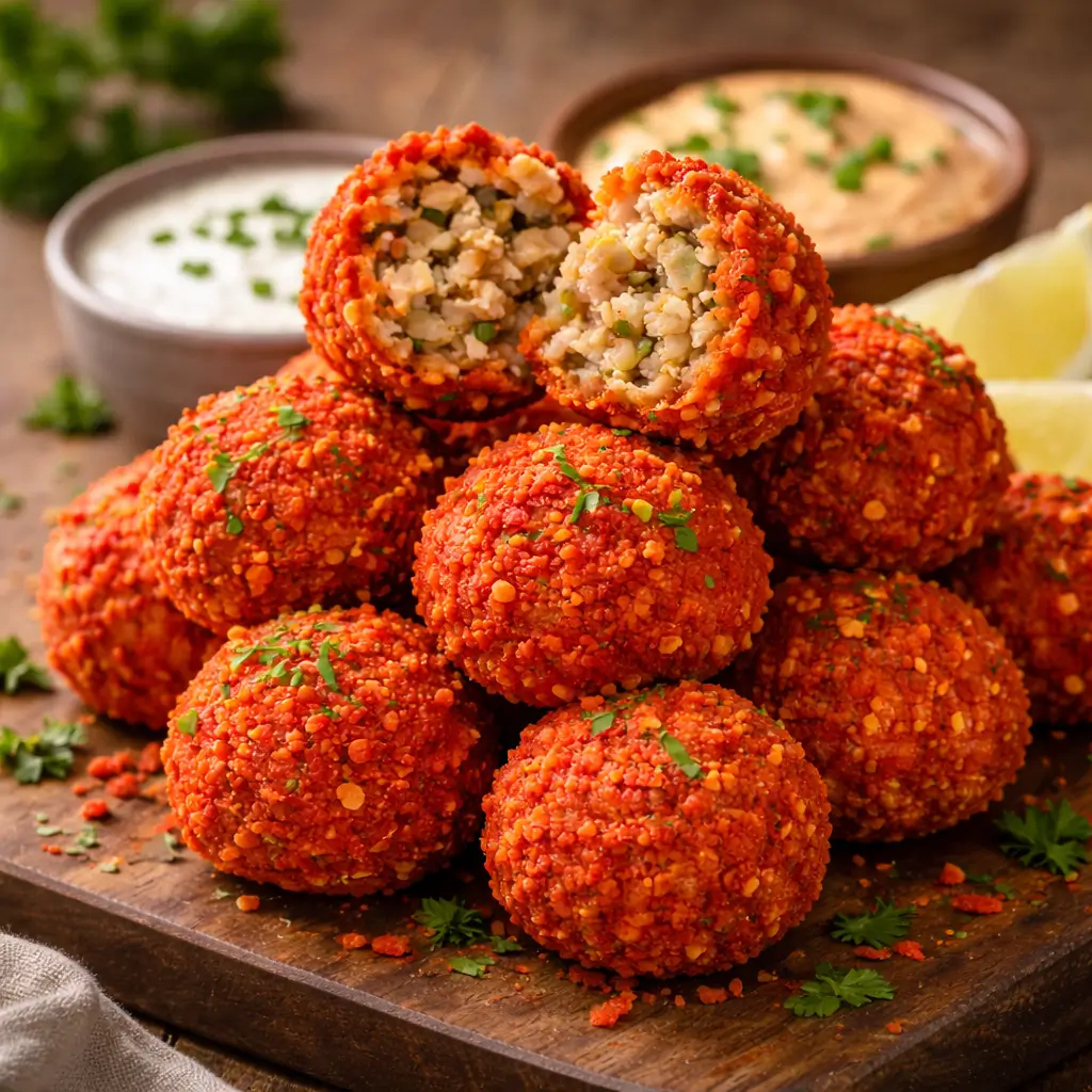 Hot Cheeto Boudin Balls recipe served with ranch and Cajun dipping sauces