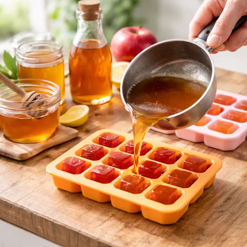 Pouring apple cider vinegar gummy mixture into silicone molds