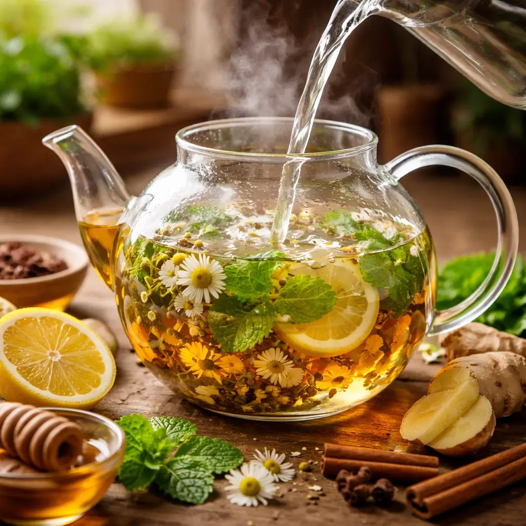 step by step preparation of herbal tea recipes with hot water and herbs