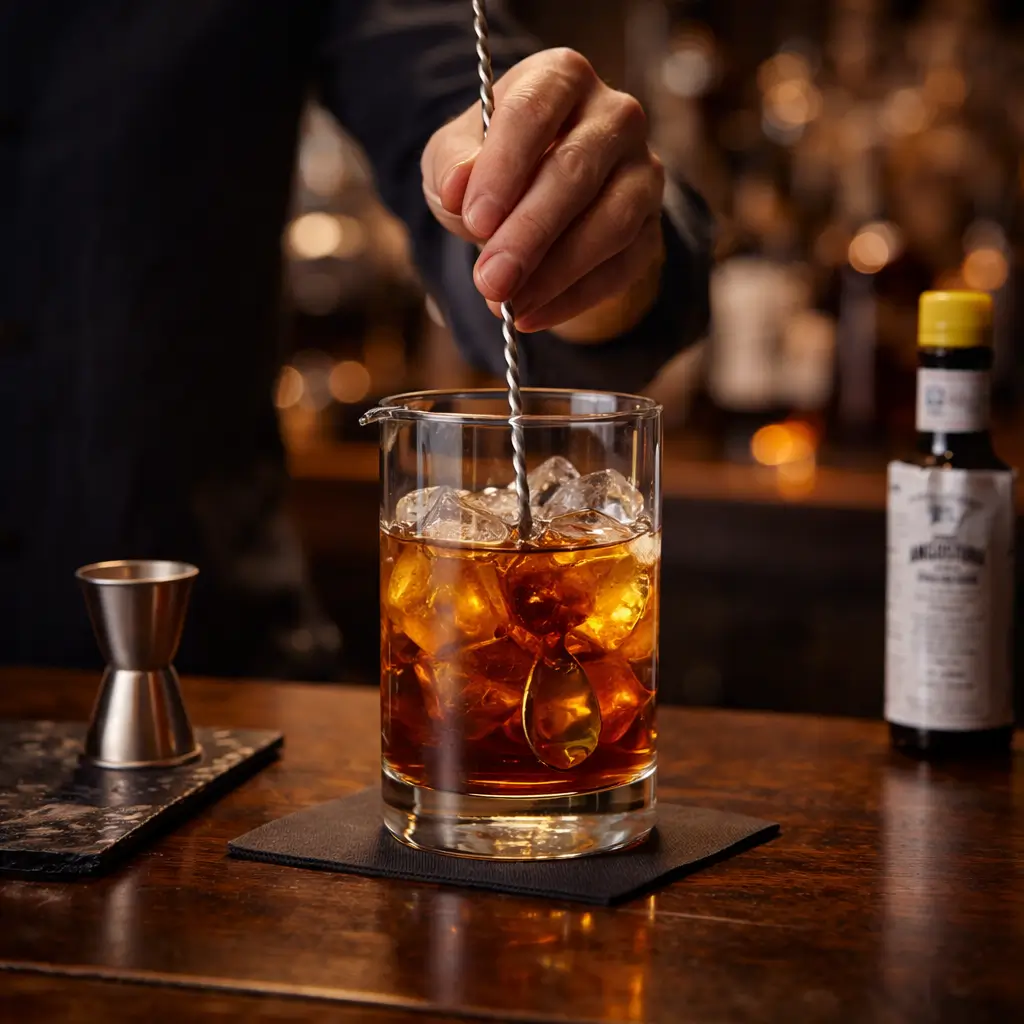 Preparing a hunter cocktail recipe by stirring whiskey and cherry liqueur