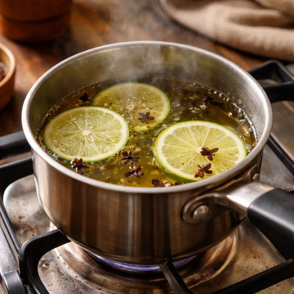 Preparing lime and clove tea in a pot with lime slices and whole cloves simmering