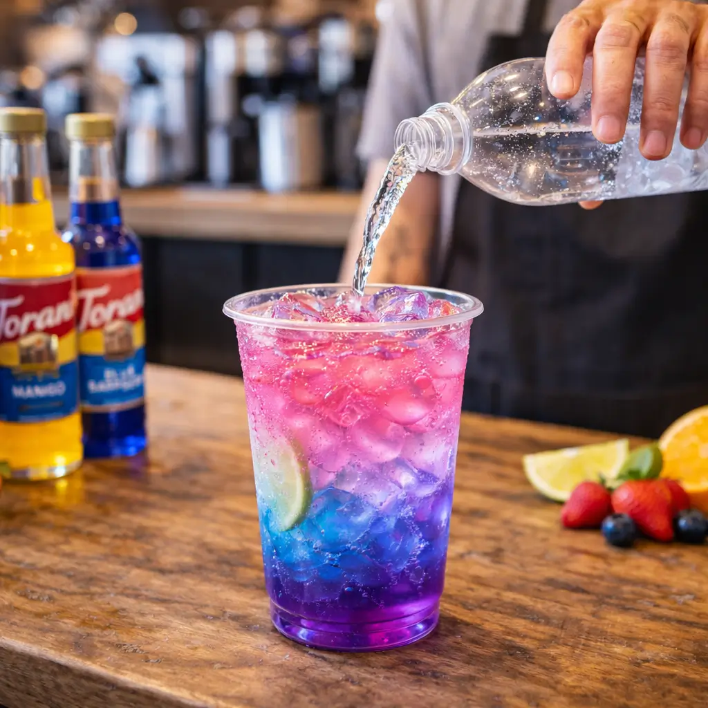 Barista making a lotus energy drink at a café