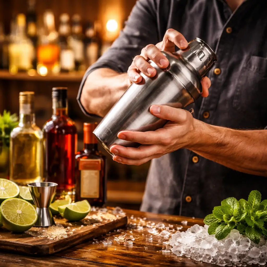 Bartender shaking a tropical rum cocktail in a cocktail shaker