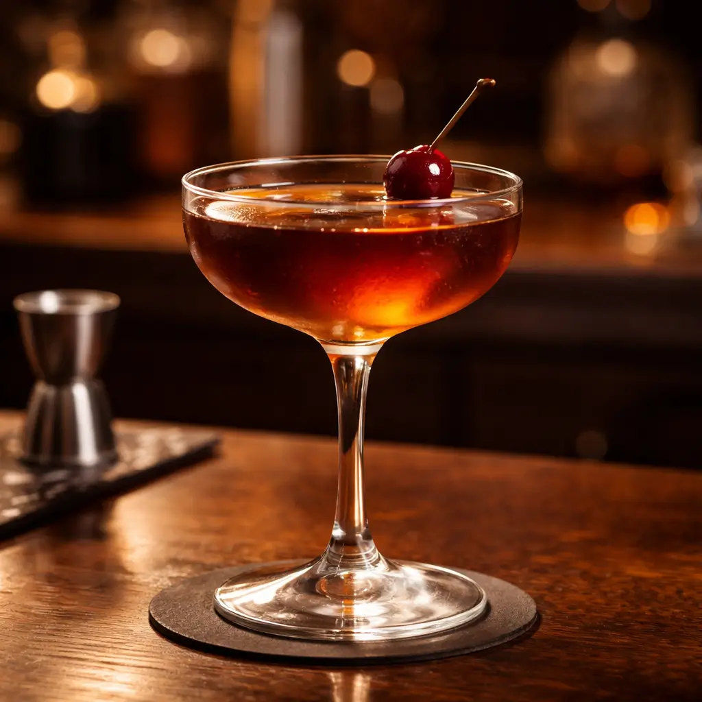 Hunter cocktail recipe served in a coupe glass with cherry garnish