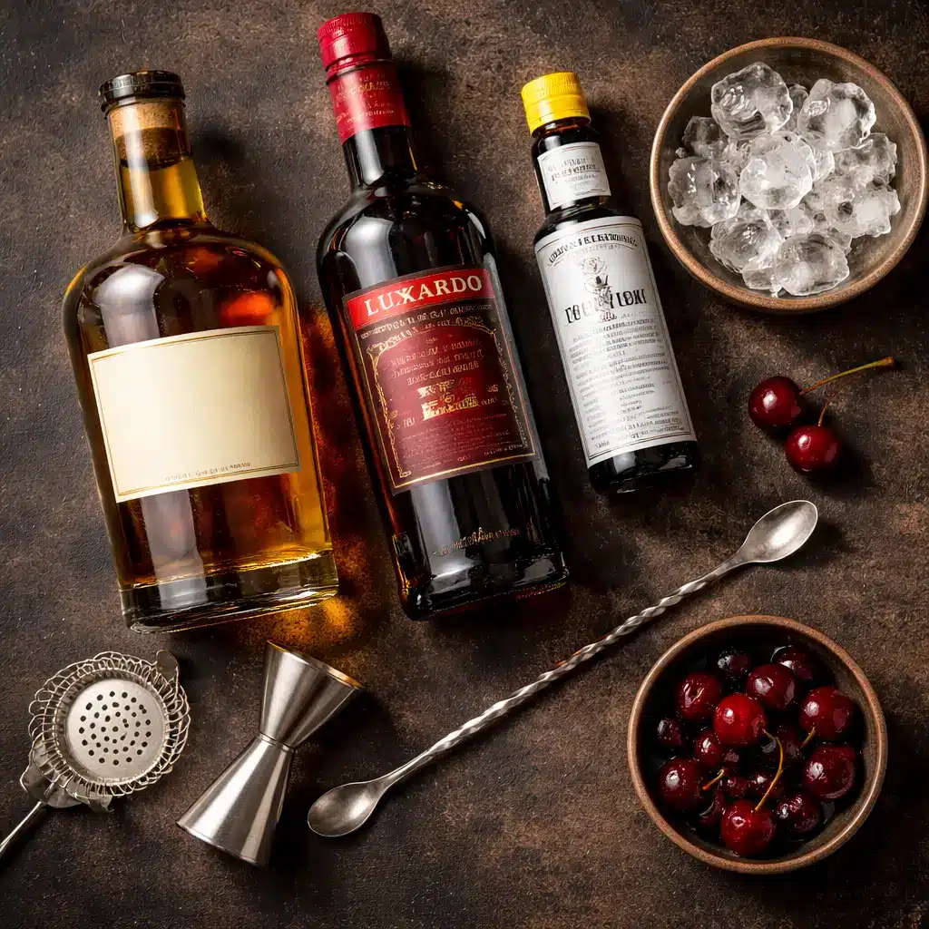 Ingredients used in a hunter cocktail recipe including whiskey and cherry liqueur