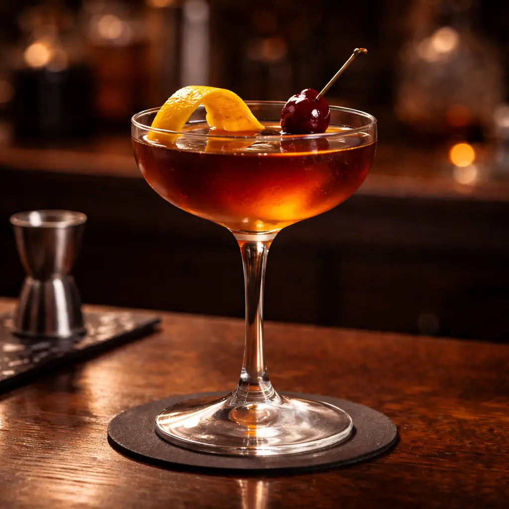 Hunter cocktail recipe with orange peel garnish in cocktail glass