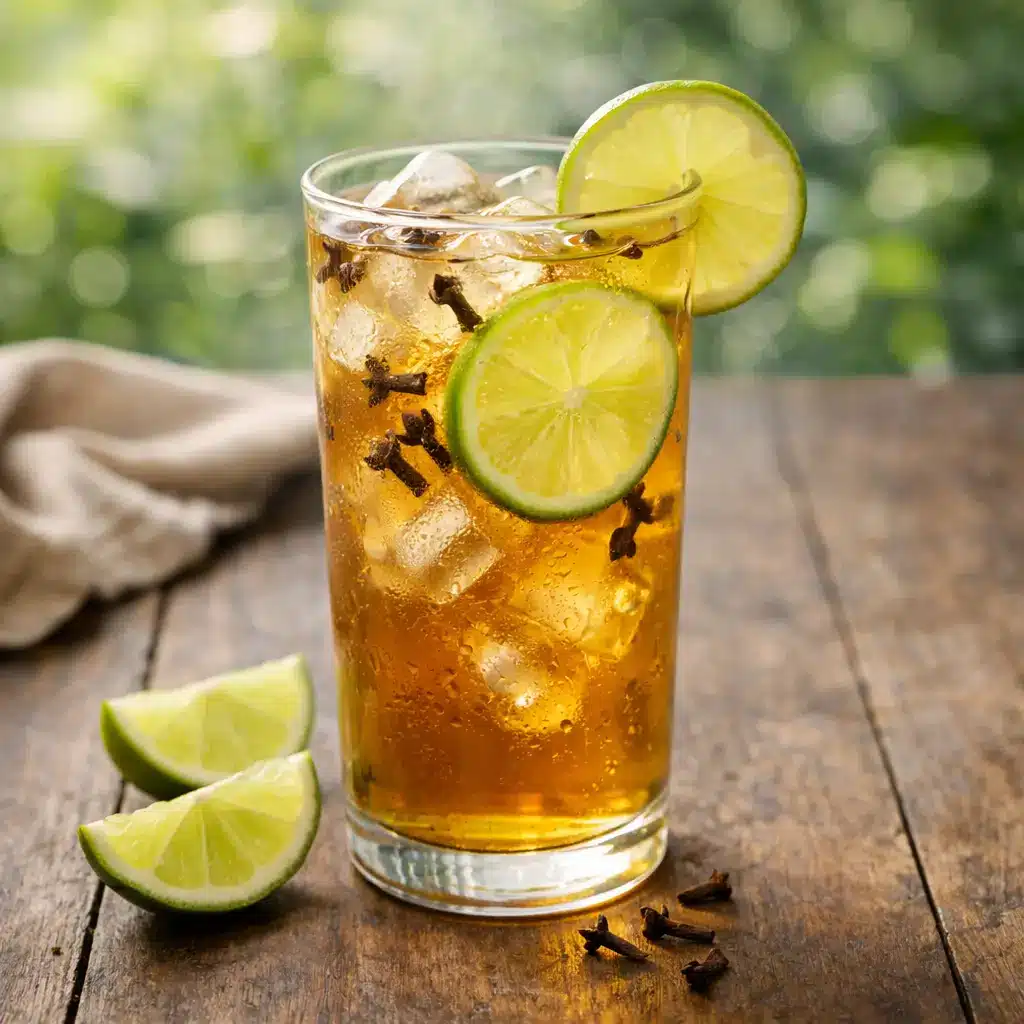 Iced lime and clove tea served in a tall glass with lime garnish
