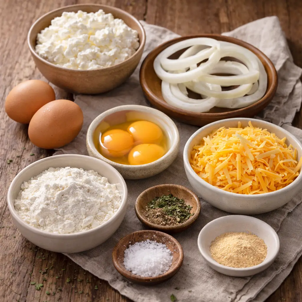 Ingredients used to make cottage cheese onion ring muffin cups