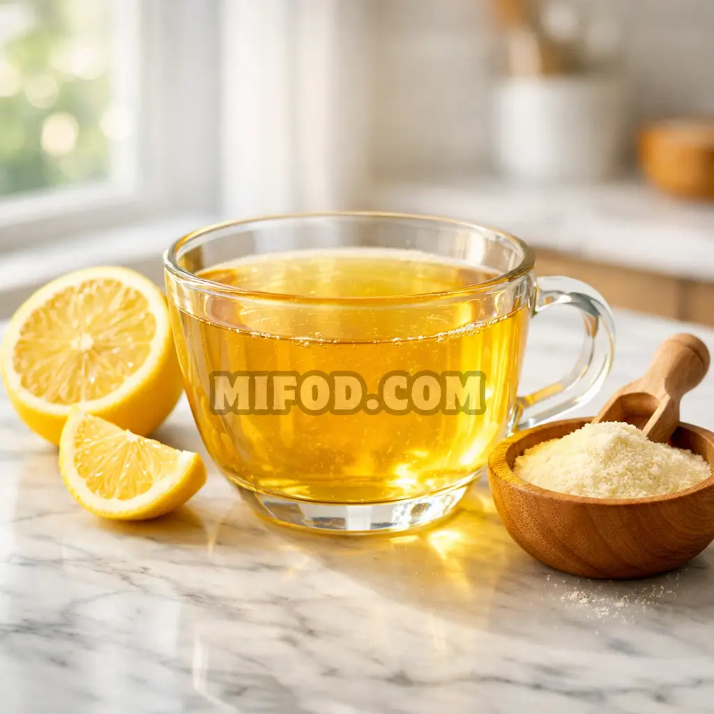 Homemade Jennifer Ashton gelatin recipe in glass cup with lemon and gelatin powder