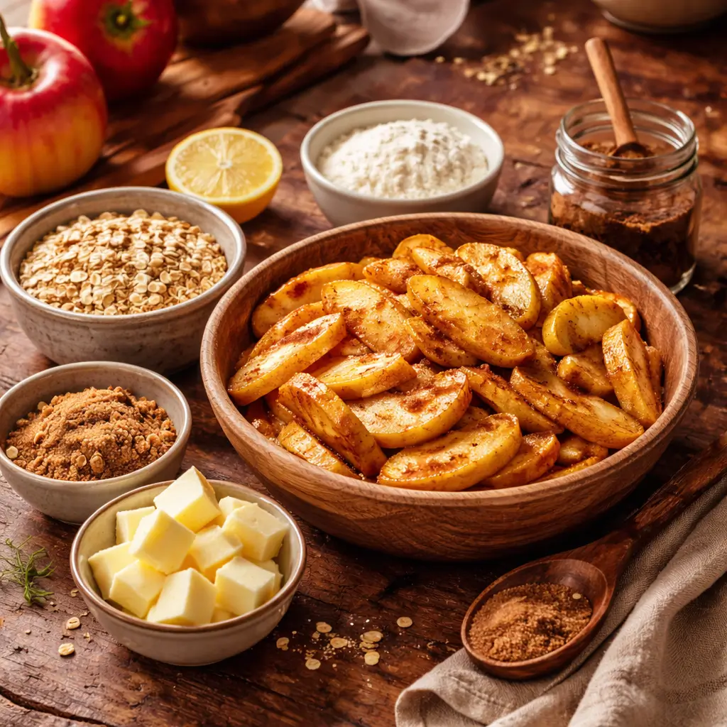 Ingredients for Joanna Gaines apple crisp recipe including apples oats and cinnamon