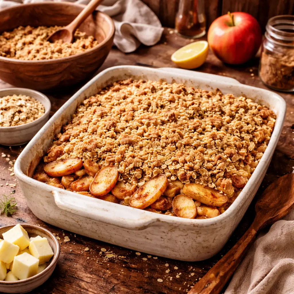 Preparing Joanna Gaines apple crisp recipe before baking