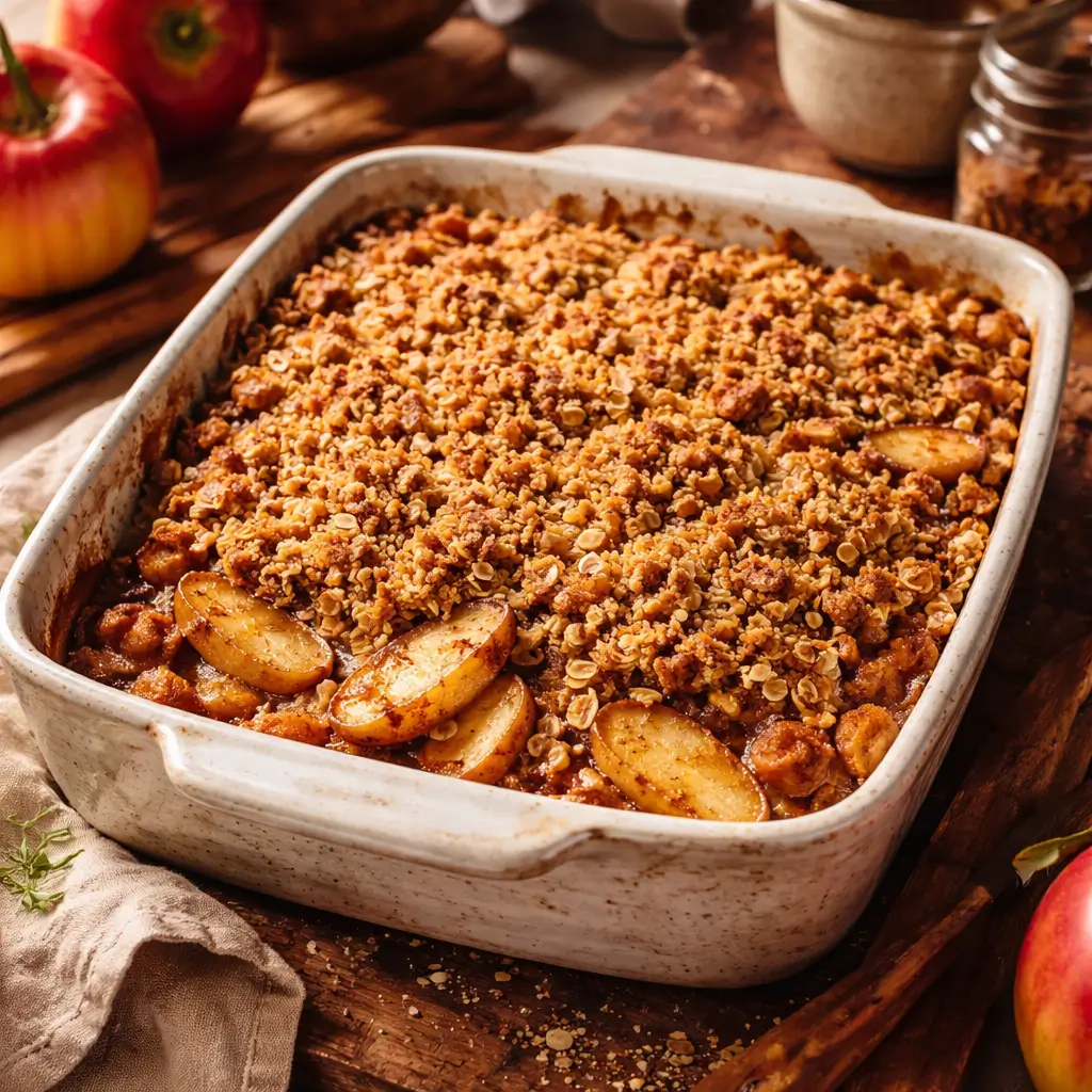 Joanna Gaines apple crisp recipe with golden oat topping in rustic dish