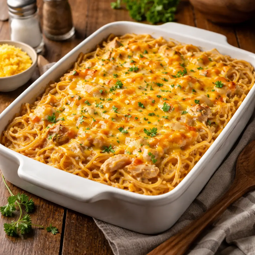 Joanna Gaines chicken spaghetti casserole fresh from the oven