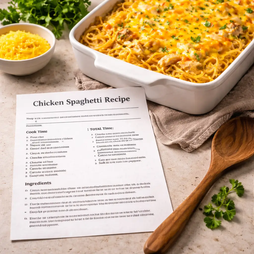 Printable Joanna Gaines chicken spaghetti recipe on kitchen counter