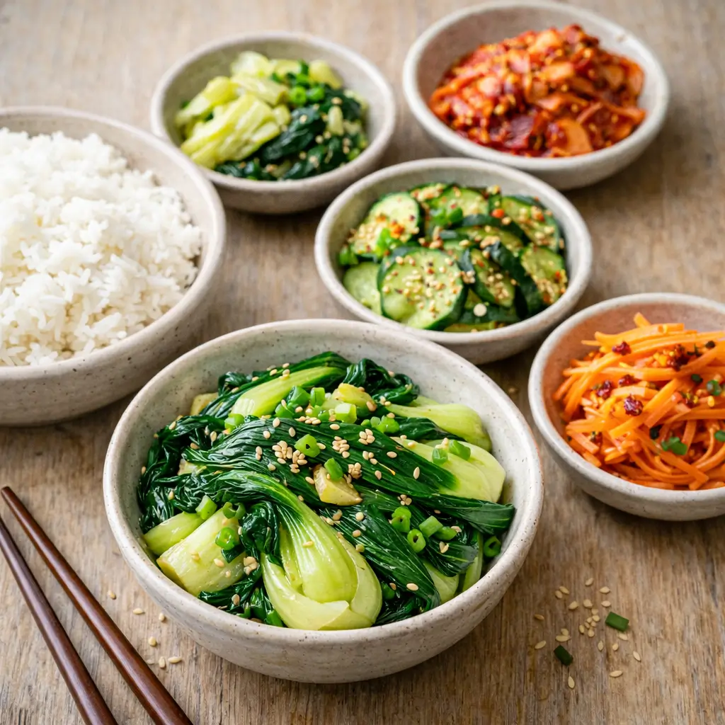 korean vegetable side dishes with bok choy