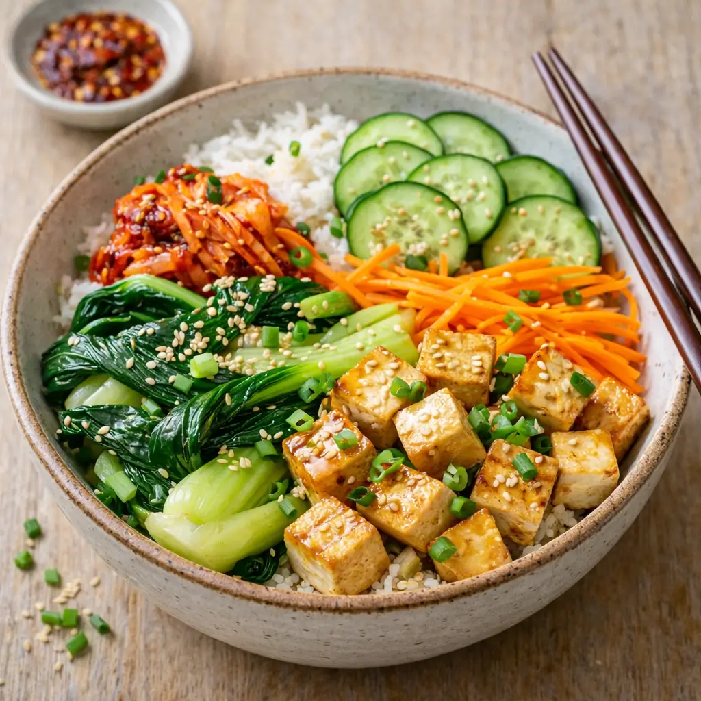 korean rice bowl with bok choy and tofu