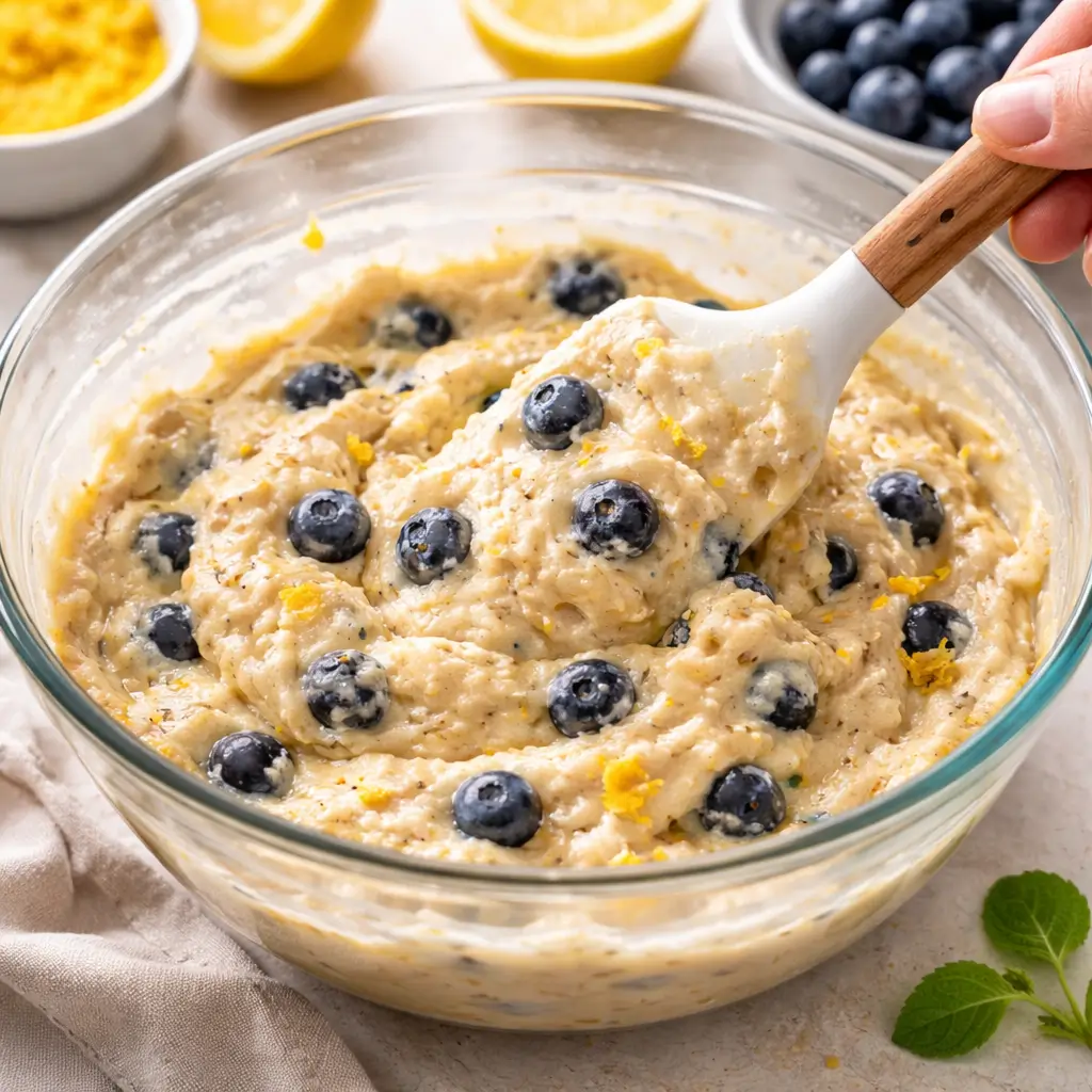 mixing batter for Ina Garten lemon blueberry bread recipe