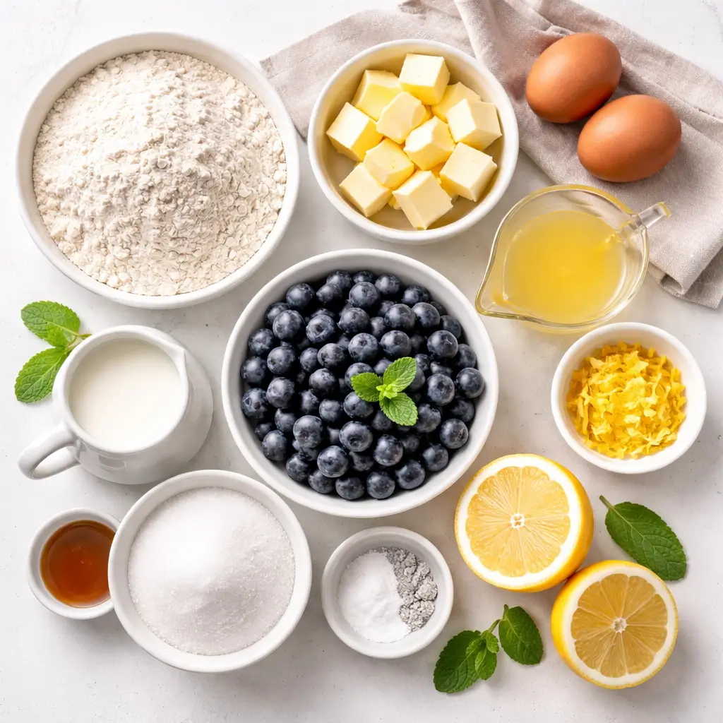 ingredients for Ina Garten lemon blueberry bread recipe
