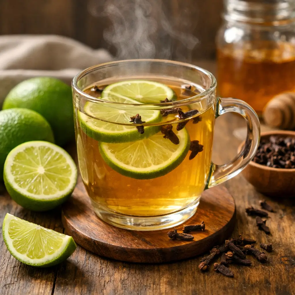 Freshly prepared lime and clove tea in a glass cup with lime slices and whole cloves