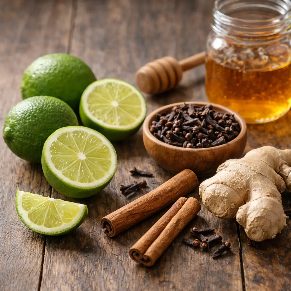 Ingredients used to make lime and clove tea including fresh lime, cloves, honey, ginger, and cinnamon