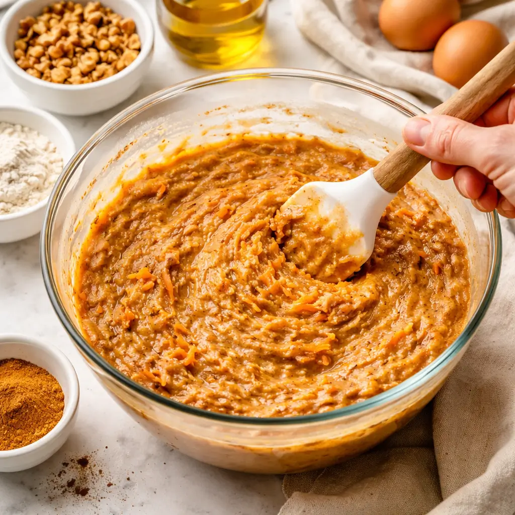 Preparing Lloyd carrot cake batter step by step