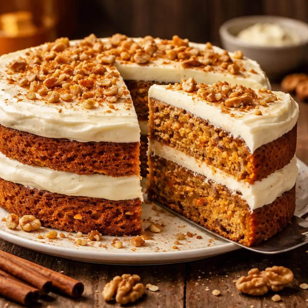 Moist lloyd carrot cake slice with creamy frosting close up