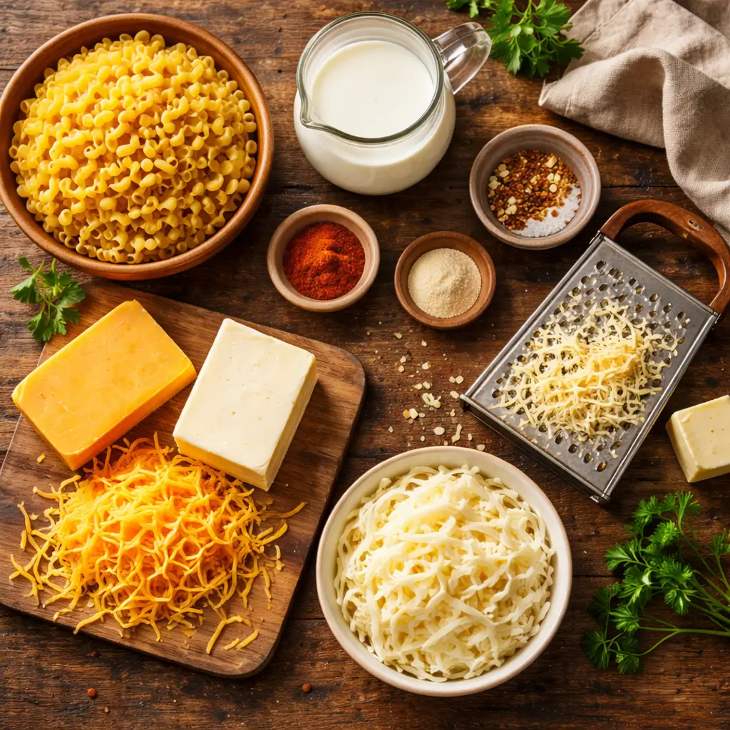 Ingredients used for creamy homemade mac and cheese recipe