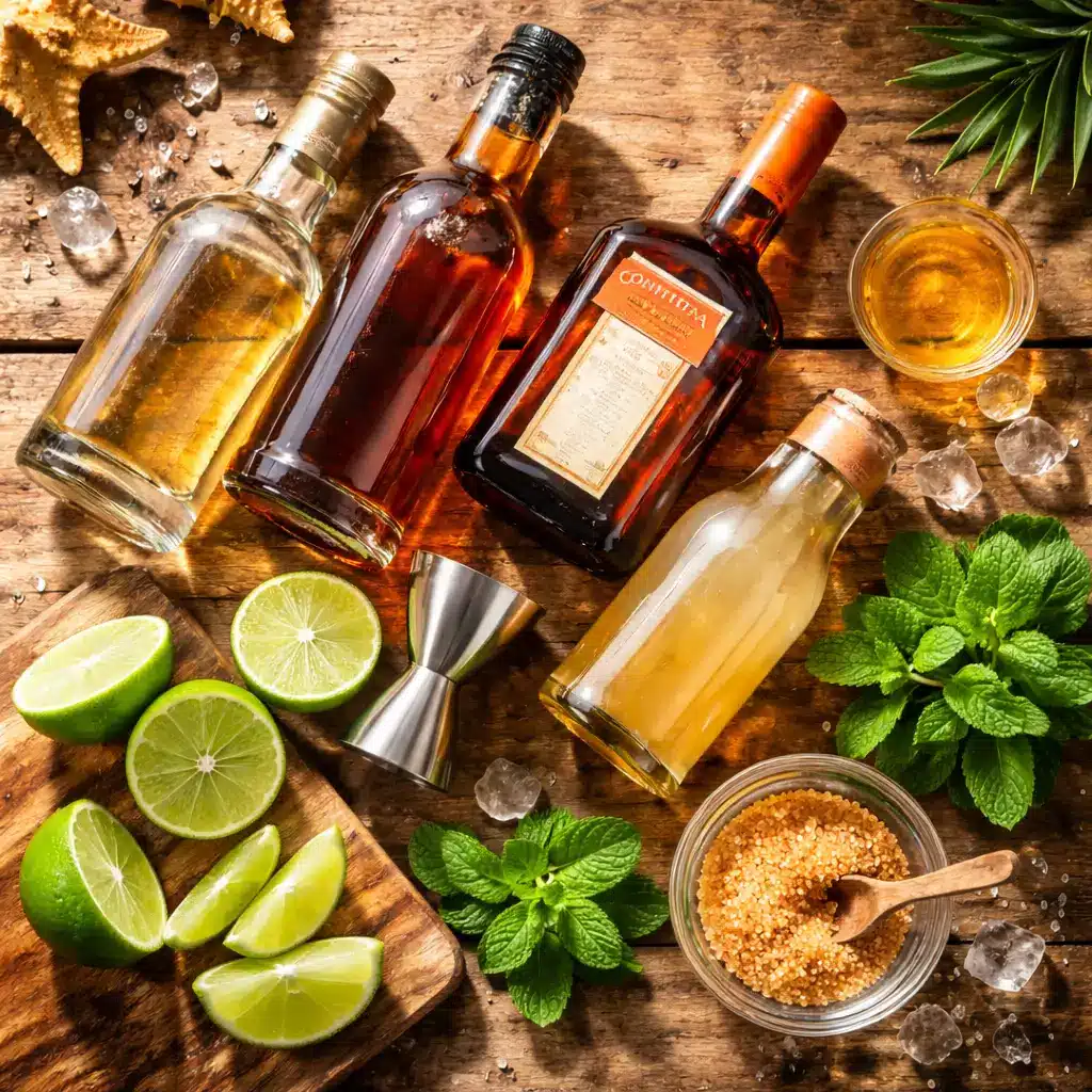 merriman's mai tai Ingredients used to prepare a tropical rum cocktail including rum lime orange liqueur and orgeat syrup