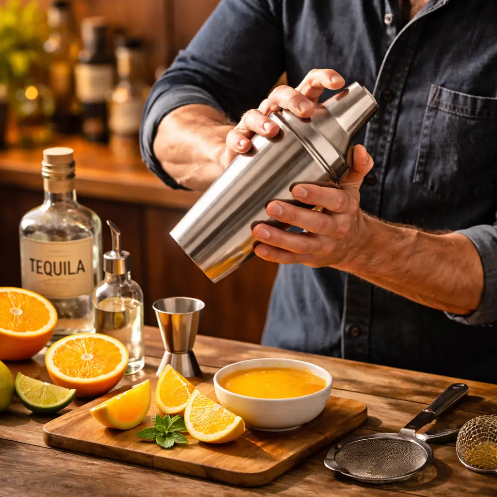 making desert sun cocktail recipe in cocktail shaker
