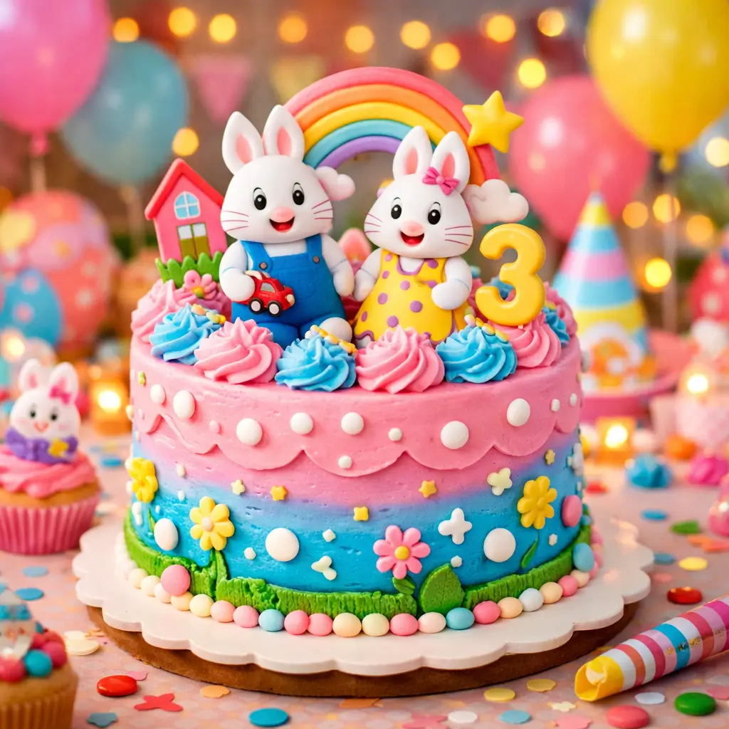 Colorful max and ruby cake for kids birthday party with bright decorations