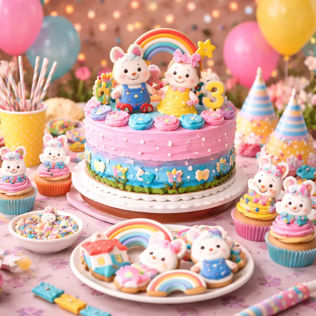 Max and ruby cake with matching party dessert table