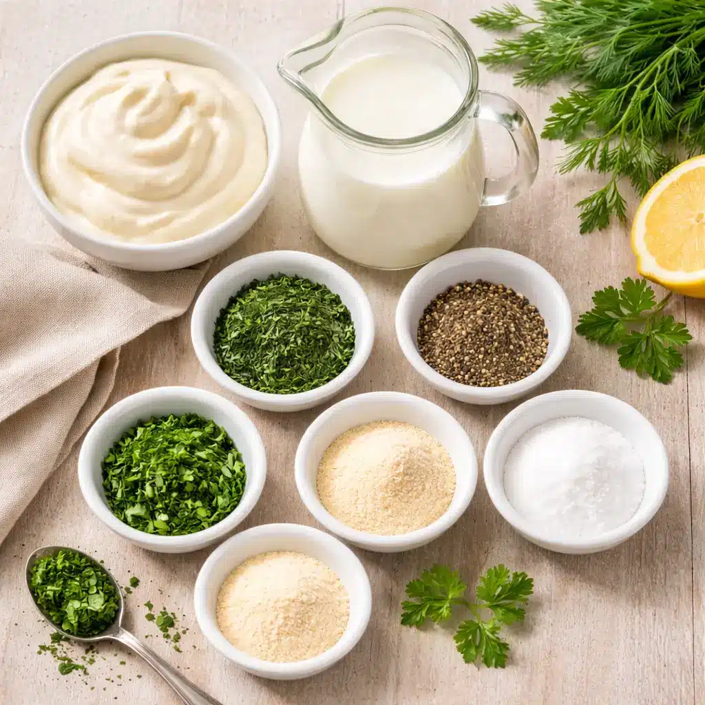 ingredients for mazzios ranch recipe mayonnaise buttermilk herbs
