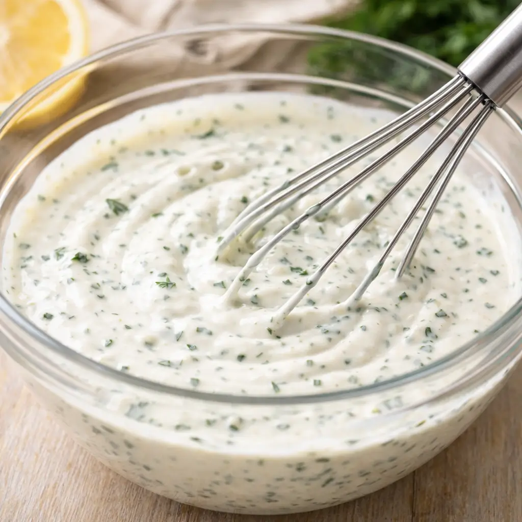 mixing homemade mazzios ranch recipe in bowl