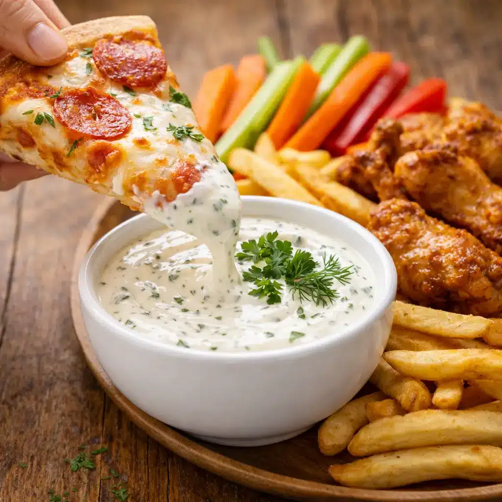 pizza dipped in creamy ranch dressing sauce