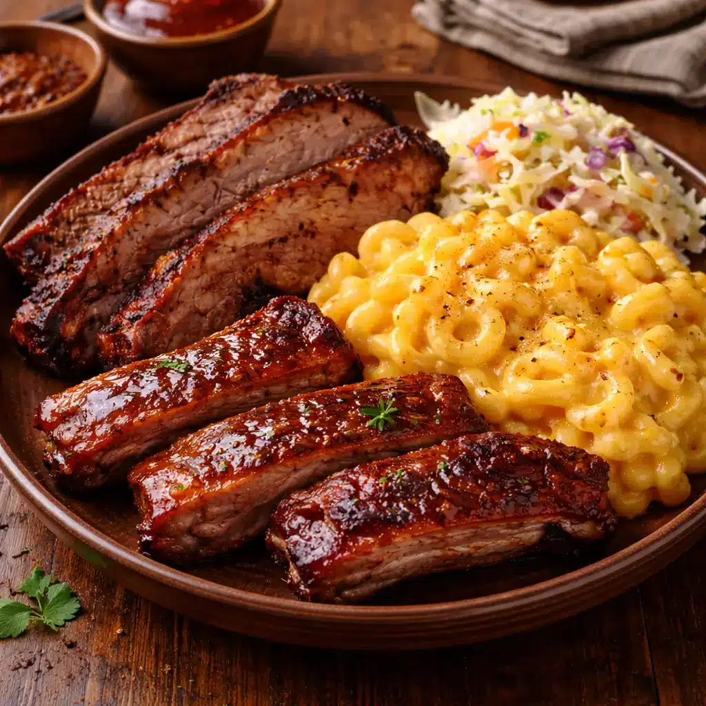 mission bbq mac and cheese recipe served with barbecue meats