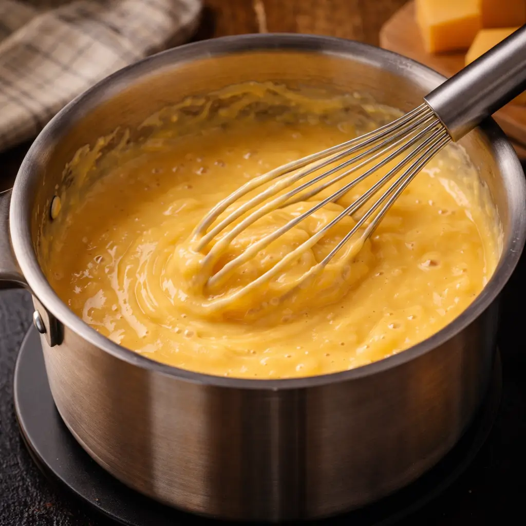 preparing cheese sauce for mission bbq mac and cheese recipe