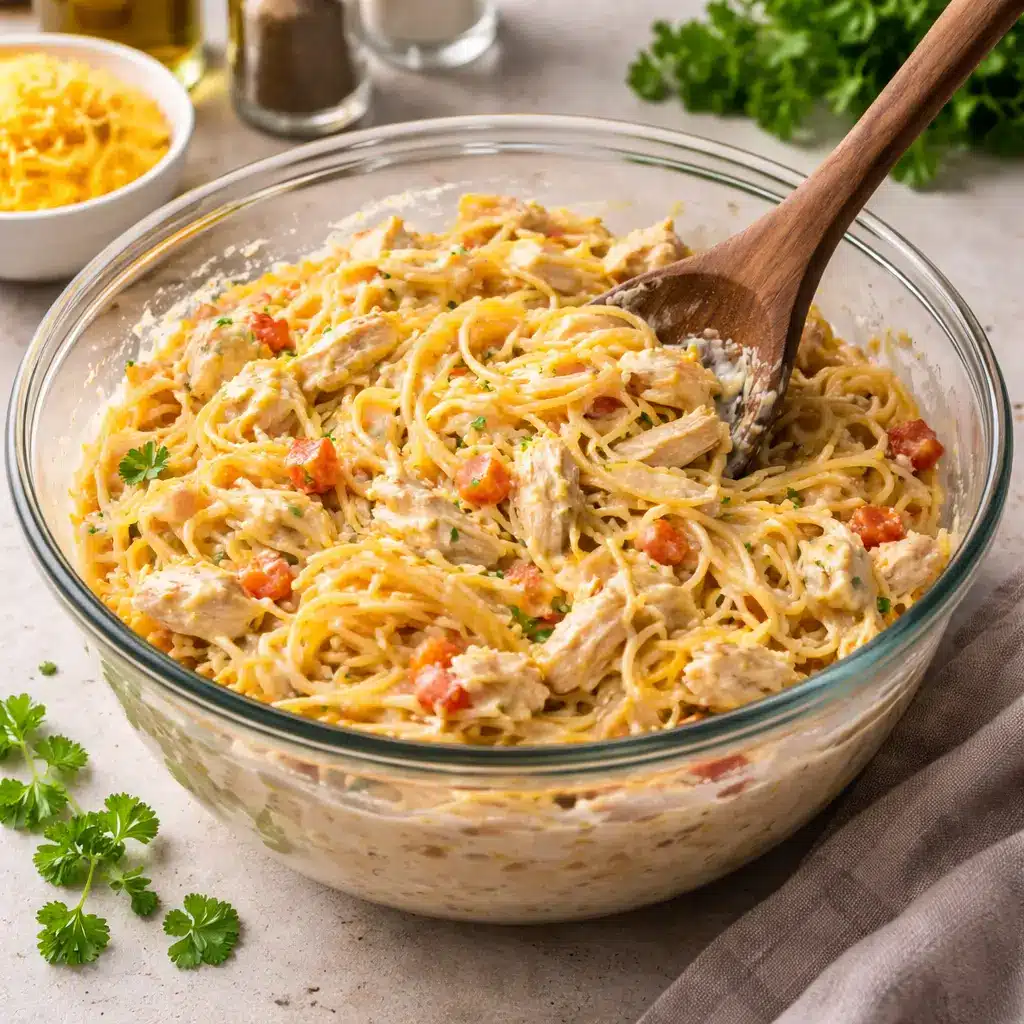 Mixing creamy chicken spaghetti before baking