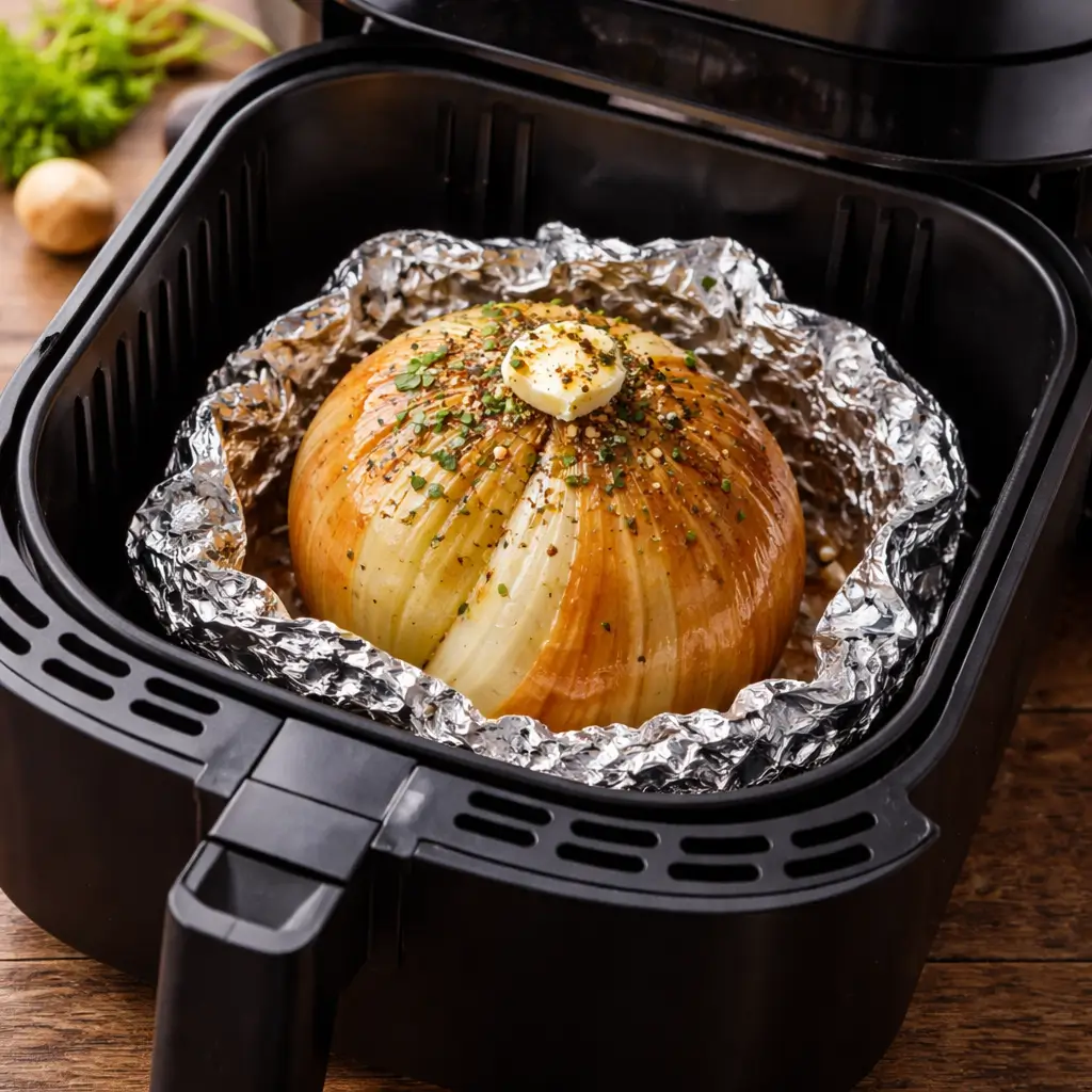 onion wrapped in foil inside air fryer basket cooking