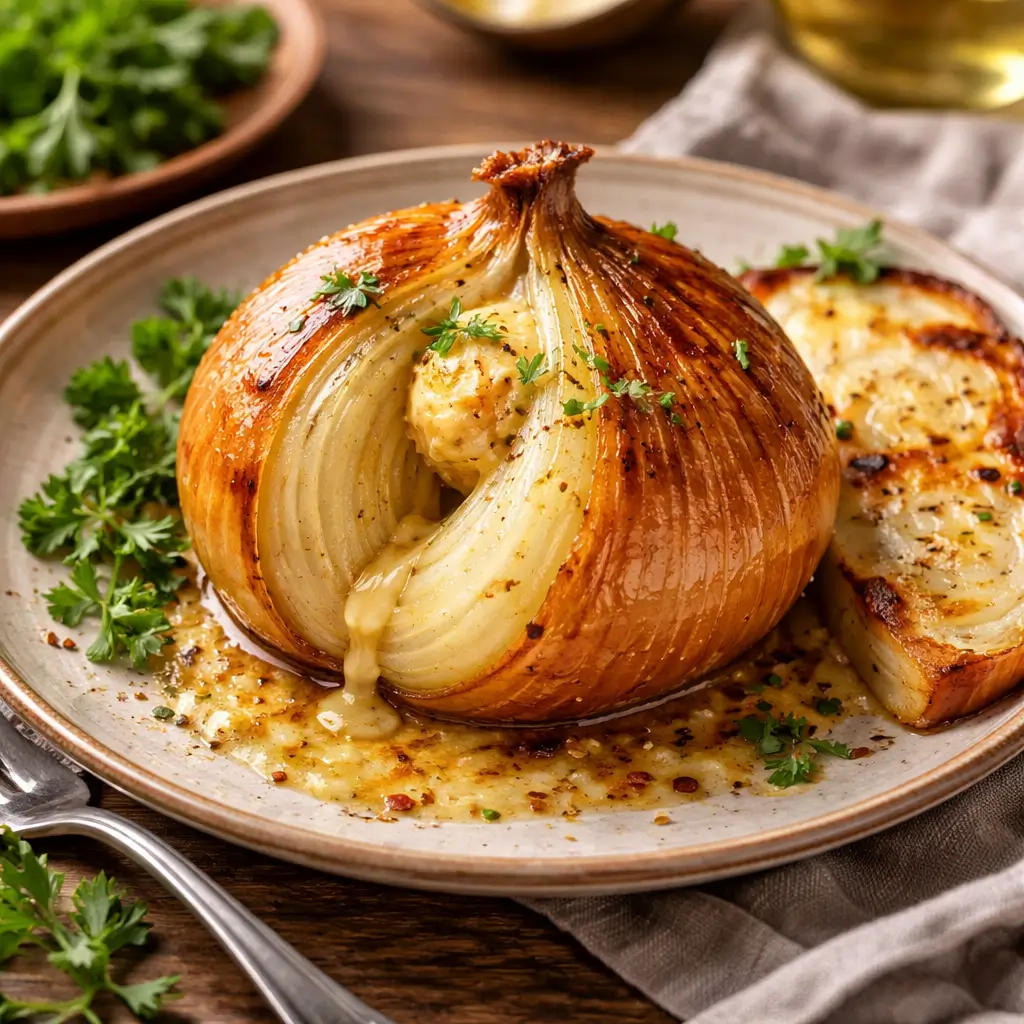 air fryer onion boil served with bread and herbs