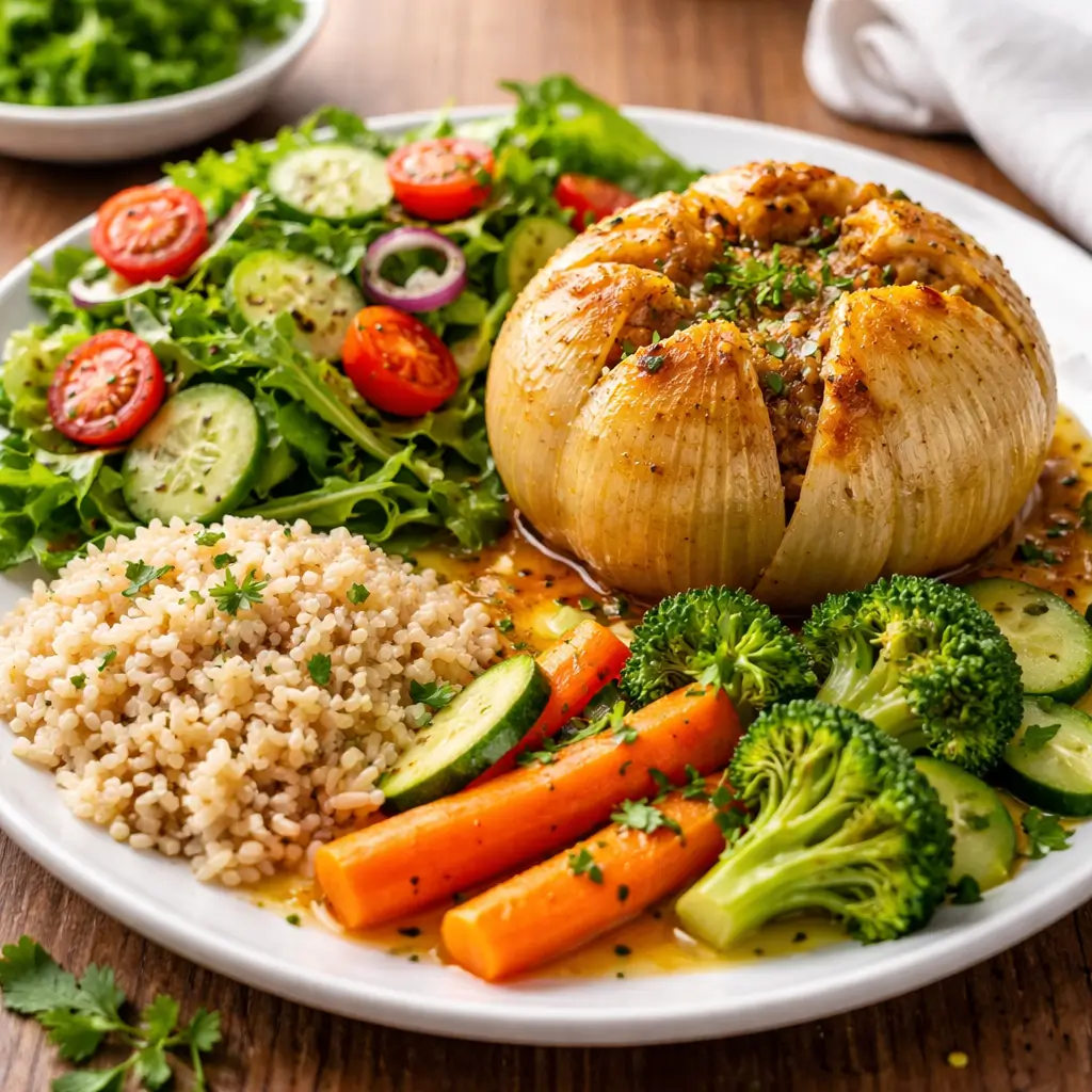 onion boil with salad and healthy vegetable sides