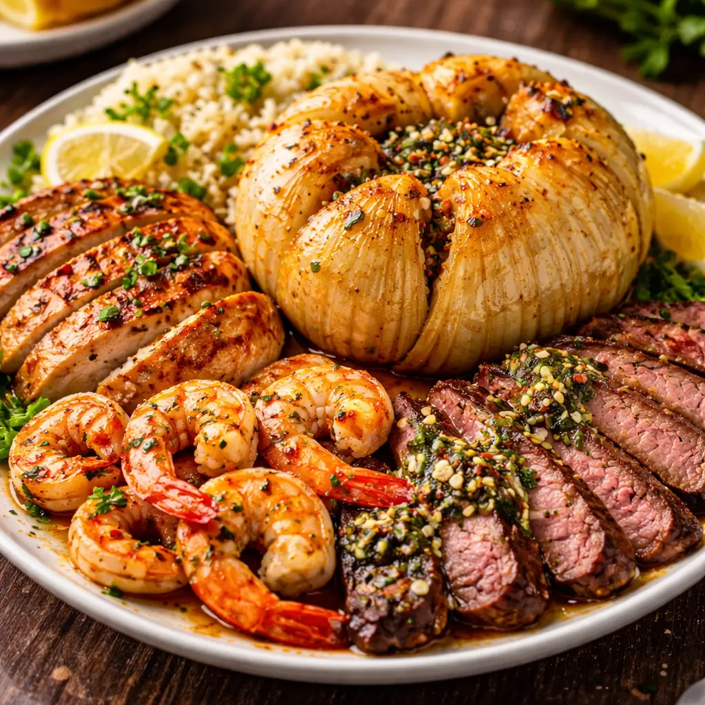 onion boil served with chicken steak and shrimp